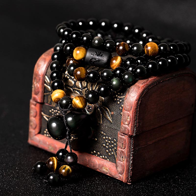 Nimara Ritual Natural Black Obsidian Rainbow Obsidian Gourd Blessing Bracelet Mala