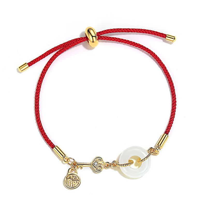 Nimara Ritual 18K Gold Plated Hetian Jade Peace Buckle Fu Character Luck Red Rope Bracelet