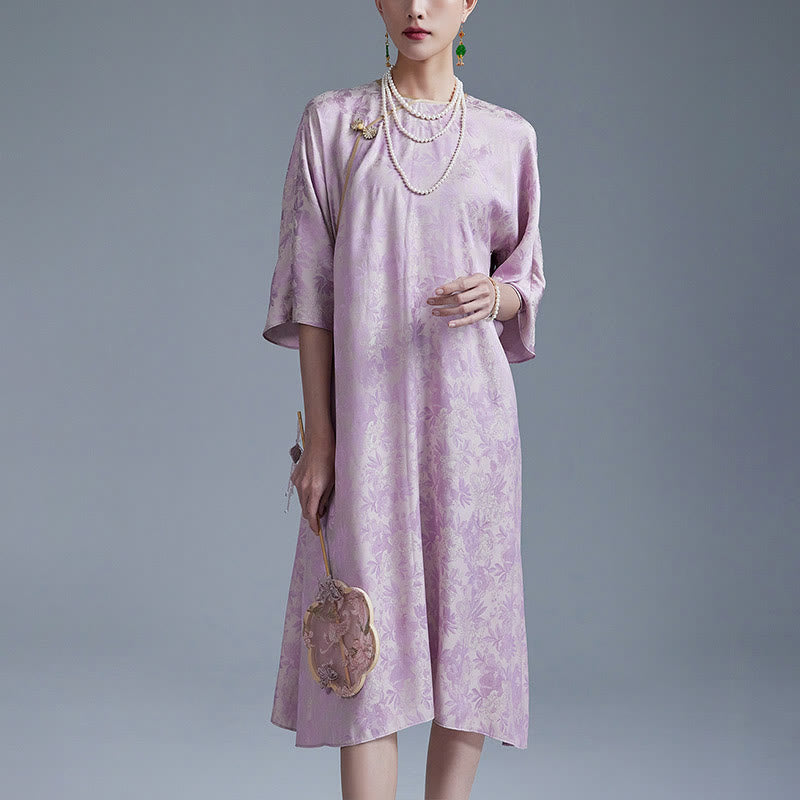 Nimara Ritual Small Flower Leaf Jacquard Chinese Cheongsam Qipao Midi Dress With Pockets