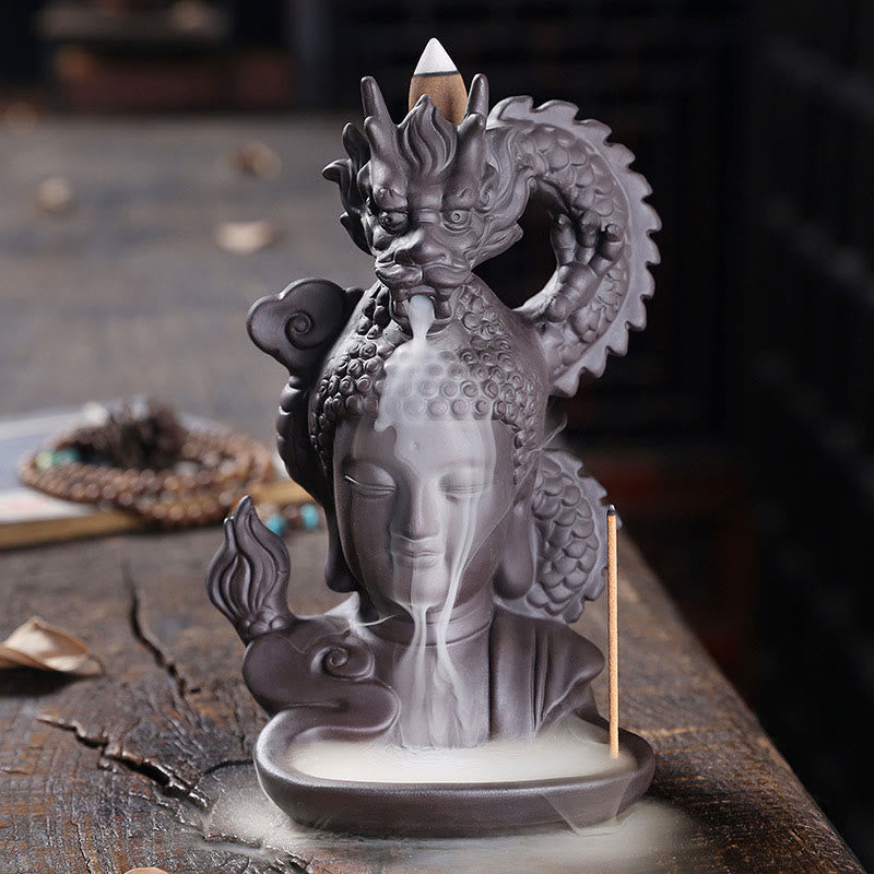 Nimara Ritual Dragon Buddha Auspicious Clouds Purple Clay Healing Incense Burner Decoration
