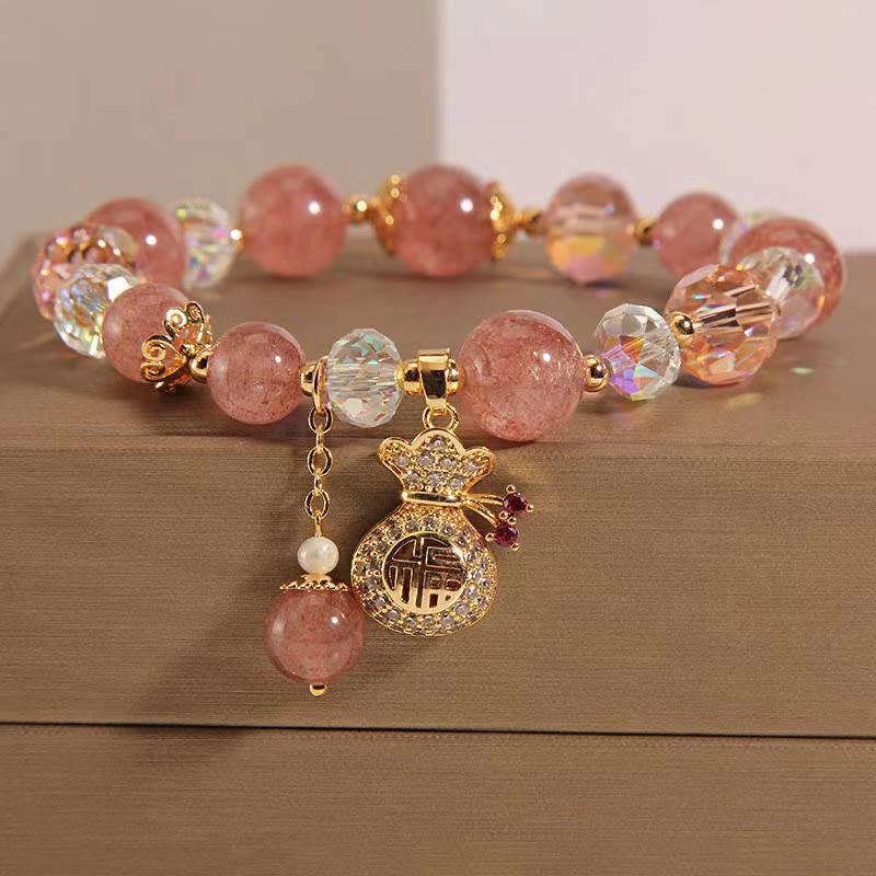Love Healing Natural Strawberry Quartz Crystal Money Bag Charm Positive Bracelet