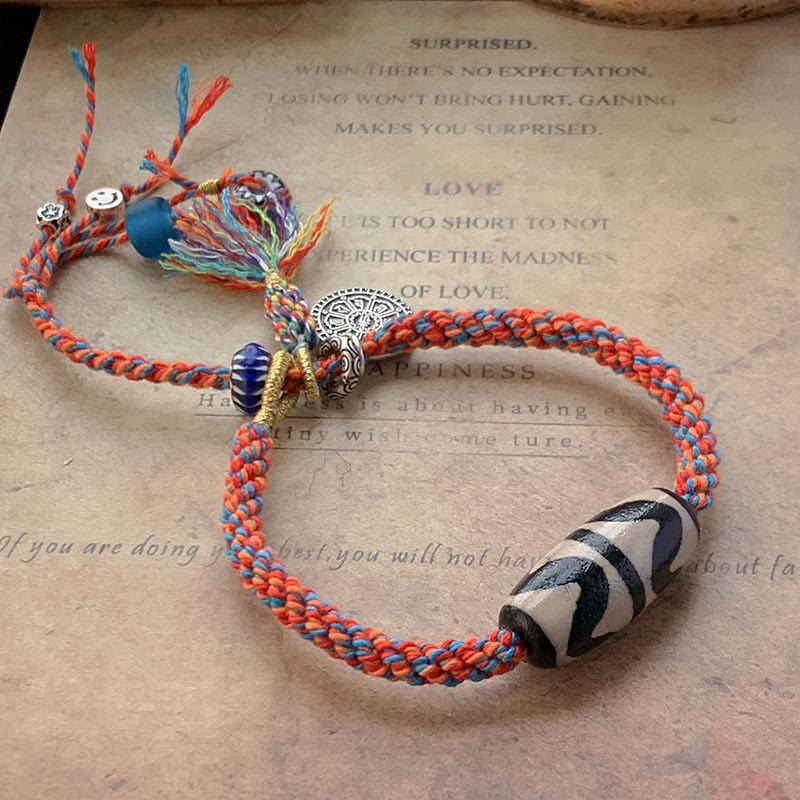 Nimara Ritual Tibetan 925 Sterling Silver Om Mani Padme Hum Handmade Dzi Bead Protection Braid Bracelet