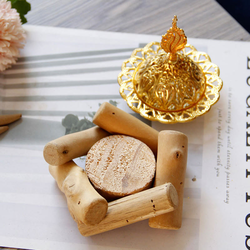 Nimara Ritual Gold Alloy Healing Mini Incense Burner With Wooden Coaster Home Decor
