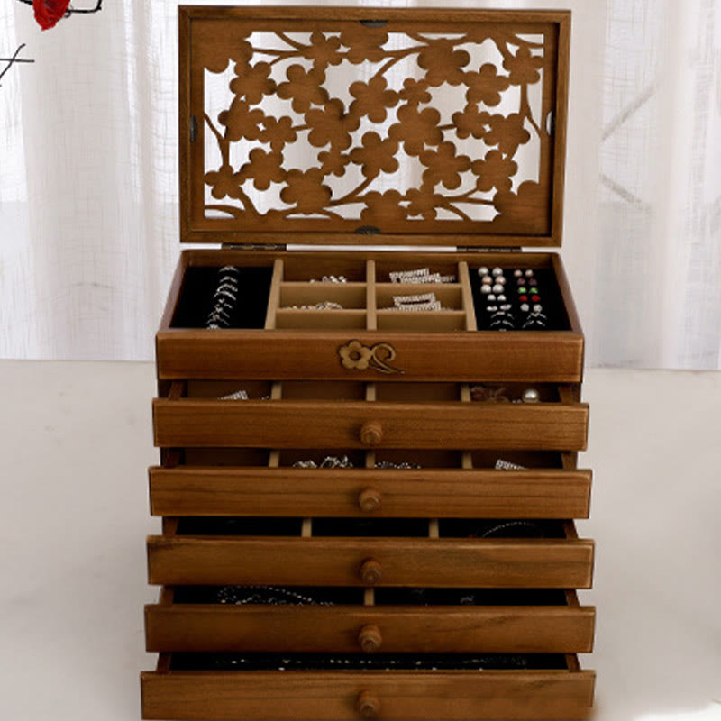 Nimara Ritual Vintage Plum Blossom Carved Wooden Jewelry Box Six-Layer Jewelry Storage Box