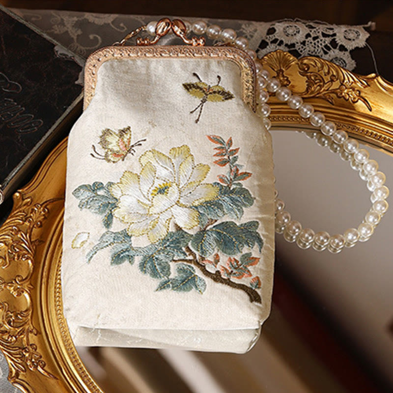 Nimara Ritual Small Flowers Butterfly Embroidered Pearl Metal Chain Shoulder Bag Crossbody Handbag Cellphone Bag