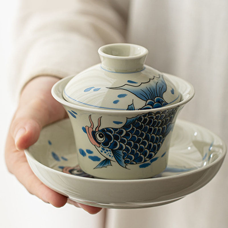 Nimara Ritual Koi Fish Arowana Ceramic Gaiwan Sancai Teacup Kung Fu Tea Cup With Lid 130ml