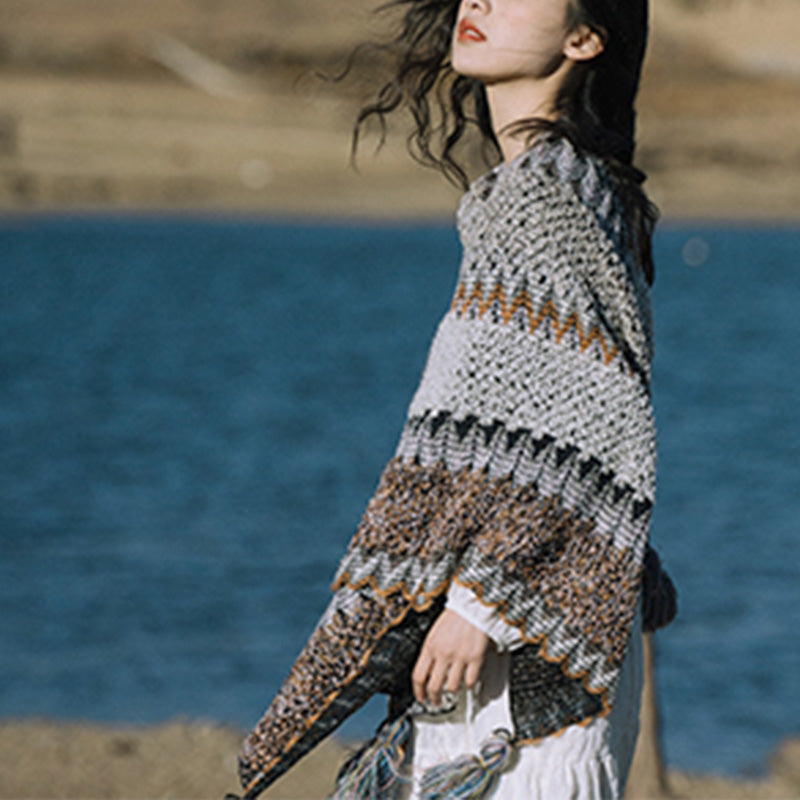 Nimara Ritual Tibetan Shawl Gray Brown Striped Knitted Tassels Winter Cozy Travel Scarf Wrap