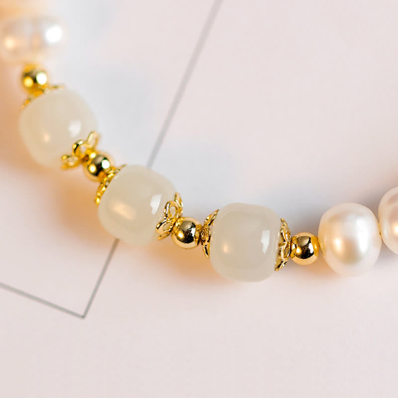 Nimara Ritual 14K Gold Plated Natural Pearl Hetian Cyan Jade White Jade Sincerity Bead Chain Bracelet