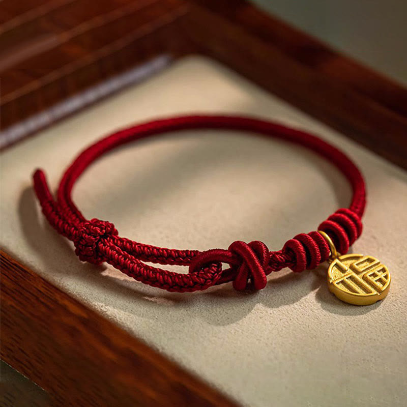 Nimara Ritual Handmade Eight Thread Peace Knot Fu Character Charm Luck Happiness Red Rope Bracelet