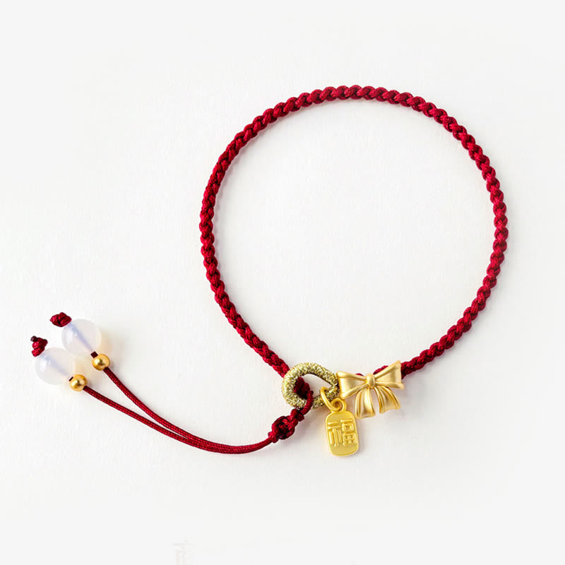 Nimara Ritual Handmade Peach Blossom Rosette Bow Knot Fu Character Charm Luck Fortune Red Rope Bracelet