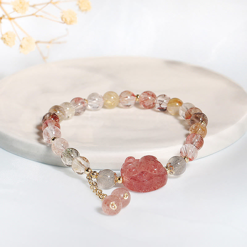 Nimara Ritual Natural Strawberry Quartz Cat Paw Claw Colorful Rutilated Quartz Moonstone Love Bracelet