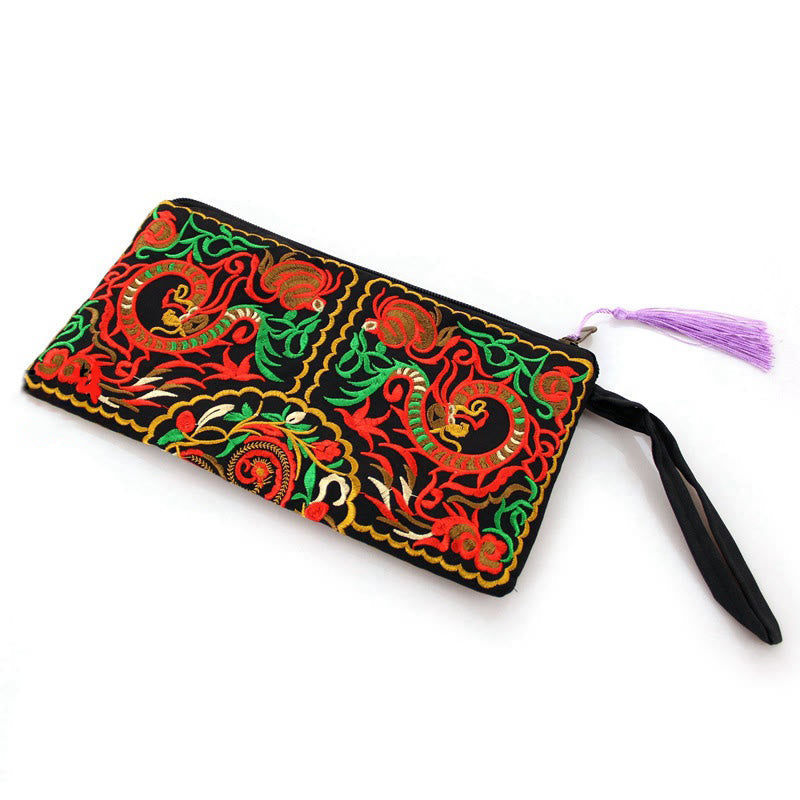 Nimara Ritual Dragon Butterfly Cosmos Flower Embroidery Wallet Shopping Purse