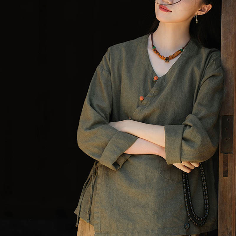 Nimara Ritual Solid Color Ramie Linen Loose Blouse Long Sleeve Shirt Chinese Hanfu Top