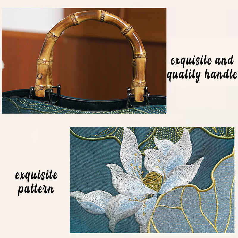 Nimara Ritual Lotus Embroidery Bamboo Handle Handbag