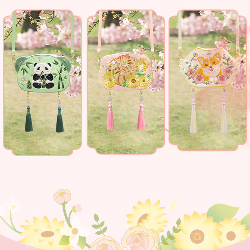 Nimara Ritual Embroidery Lucky Panda Cat Shiba Inu Deer Rabbit Fox Flower Cute Animal Hanfu Bag Crossbody Bag Shoulder Bag