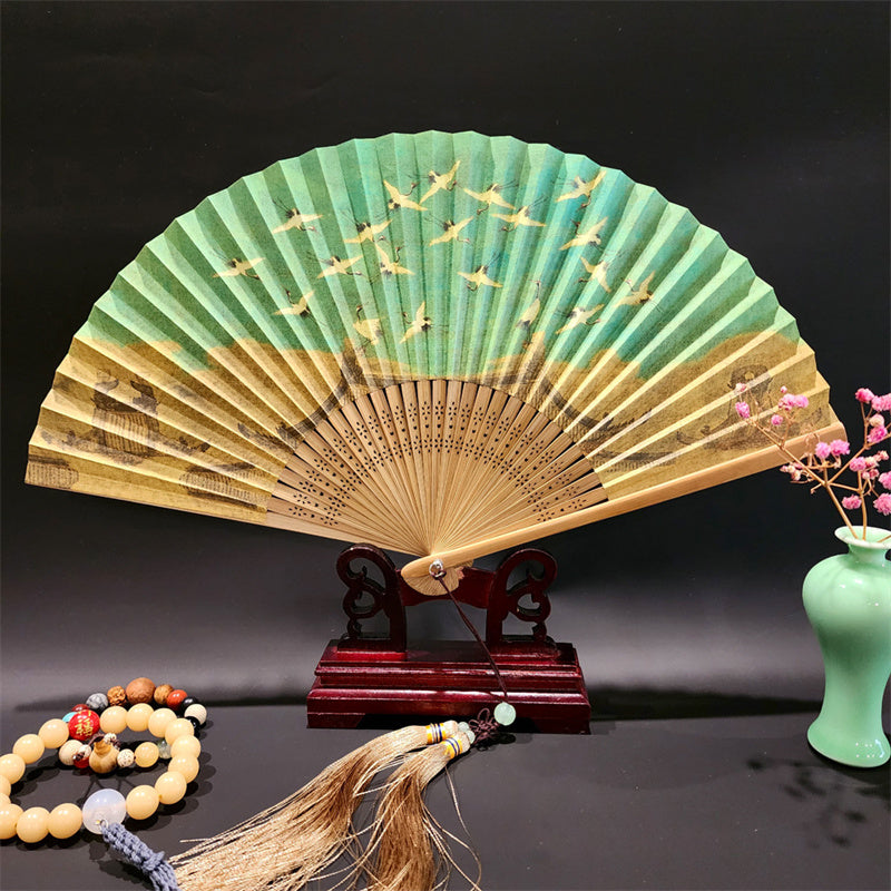 Nimara Ritual A Panorama Of Rivers And Mountains Cranes Orchid Flower Paper Bamboo Handheld Silk Bamboo Folding Fan 22cm