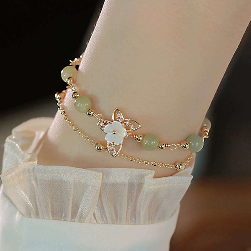 Nimara Ritual 14K Gold Plated Jade Butterfly Tridacna Stone Flower Double Layer Luck Bracelet