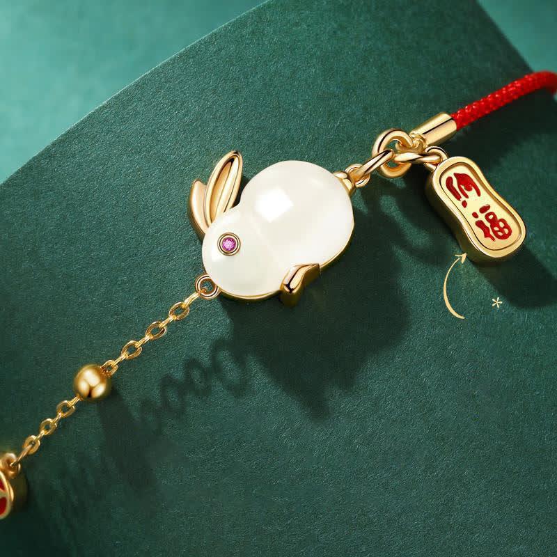 Nimara Ritual Year of the Rabbit White Jade Happiness Red String Chain Bracelet
