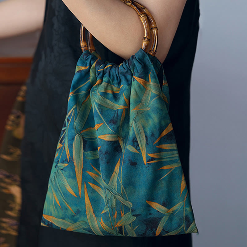 Nimara Ritual Blue Green Bamboo Leaves Bamboo Handles Handbag