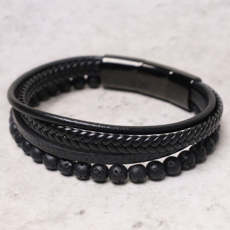 Nimara Ritual Natural Lava Rock Black Onyx Bead Leather Bracelet
