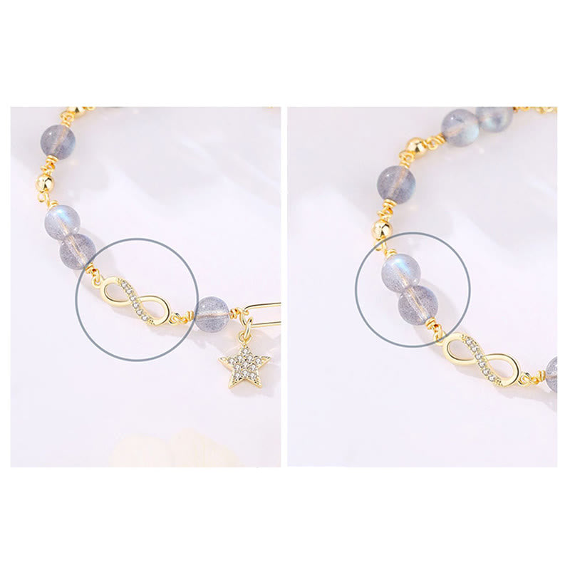 Nimara Ritual 14K Gold Plated Natural Strawberry Quartz Moonstone MAbius Loop Eternal Love Star Positive Bracelet