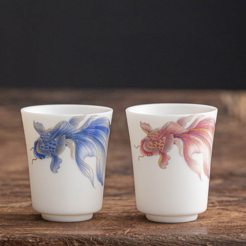 Nimara Ritual Koi Fish White Porcelain Ceramic Teacup Kung Fu Tea Cup