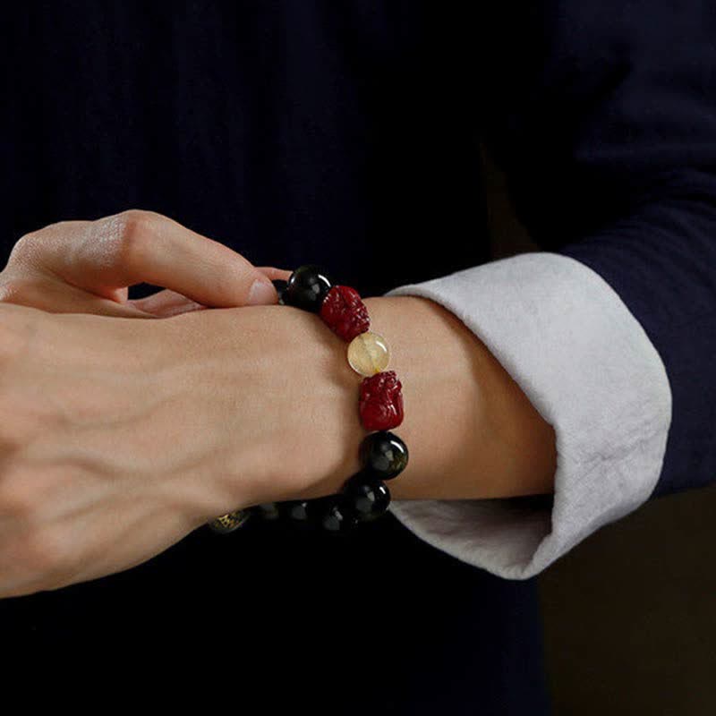 Nimara Ritual Gold Sheen Obsidian PiXiu Cinnabar Om Mani Padme Hum Protection Bracelet