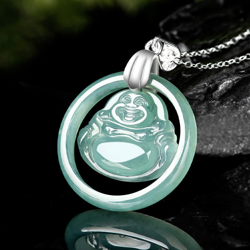 Nimara Ritual Natural Jade Round Laughing Buddha Abundance Titanium Steel Chain Necklace Pendant