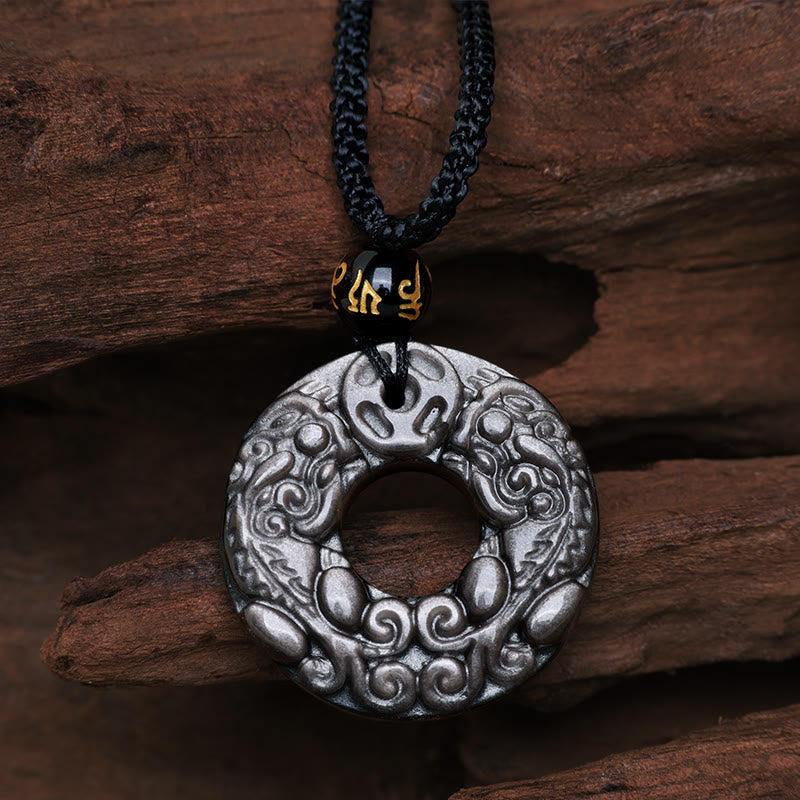 Nimara Ritual Natural Silver Sheen Obsidian Double PiXiu Copper Coin Peace Buckle Protection Necklace Pendant