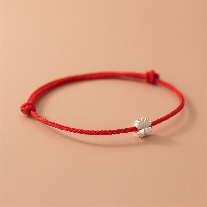 Nimara Ritual 925 Sterling Silver Four Leaf Clover Red Rope Bracelet