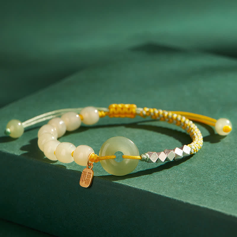 Nimara Ritual 925 Sterling Silver Hetian Jade Peace Buckle Beaded Luck Happiness Charm Bracelet