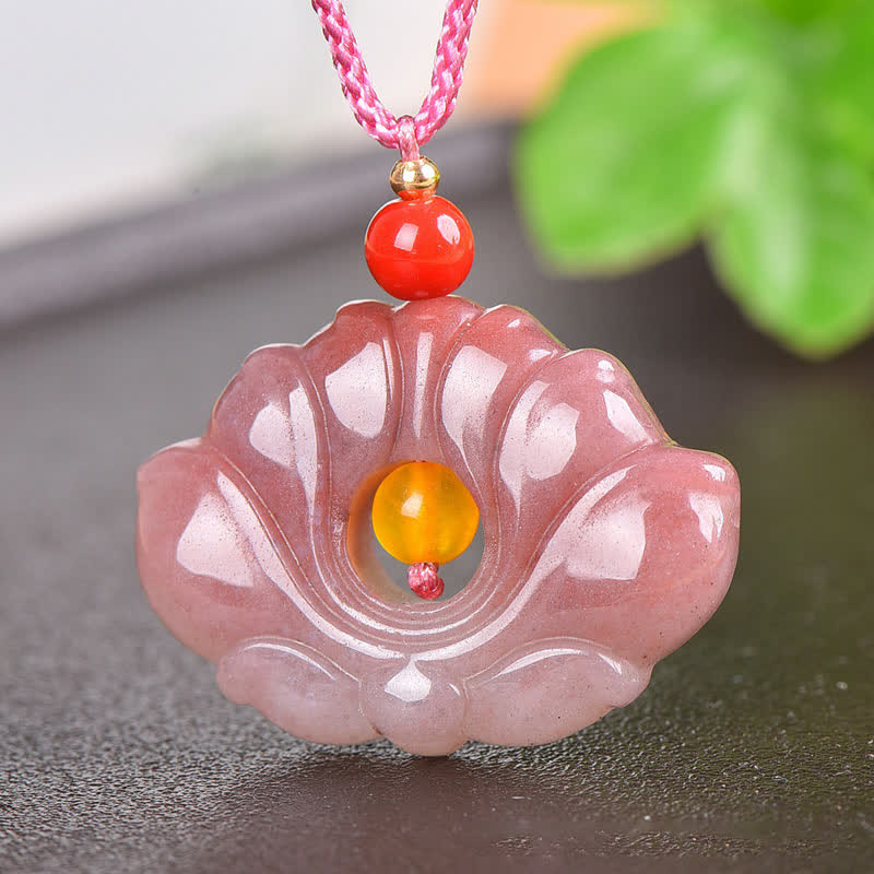 Nimara RitualPink Golden Silk Jade Lotus Flower Wealth Necklace Pendant