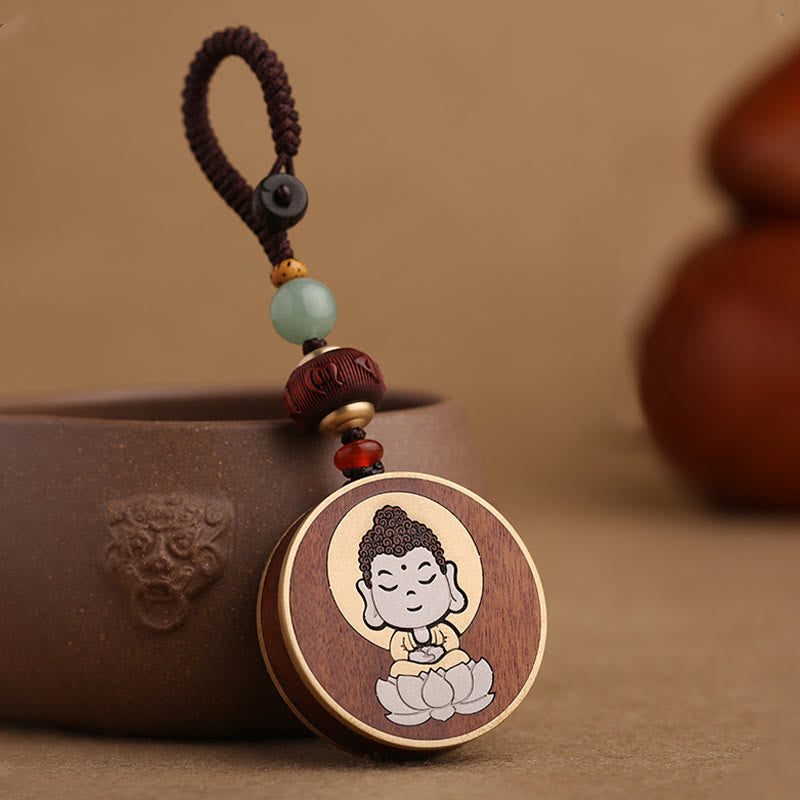 Nimara Ritual Ebony Wood Rosewood Buddha Avalokitesvara Om Mani Padme Hum Balance Car Key Chain Decoration