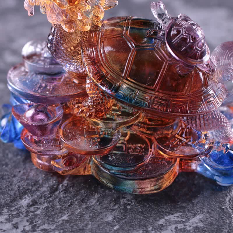 Nimara Ritual Feng Shui Dragon Turtle Coins Handmade Liuli Crystal Luck Art Piece Home Office Decoration