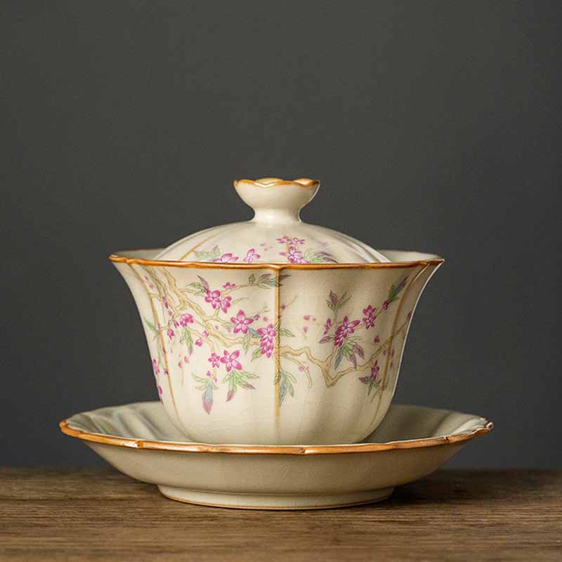 Nimara Ritual Beige Plum Blossom Shape Peach Branch Ceramic Gaiwan Sancai Teacup Kung Fu Tea Cup With Lid