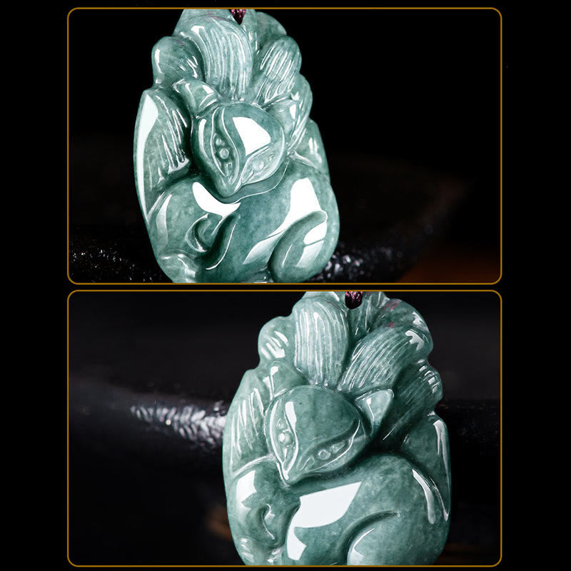 Nimara Ritual Natural Green Jade Nine Tailed Fox Engraved Prosperity Necklace Pendant