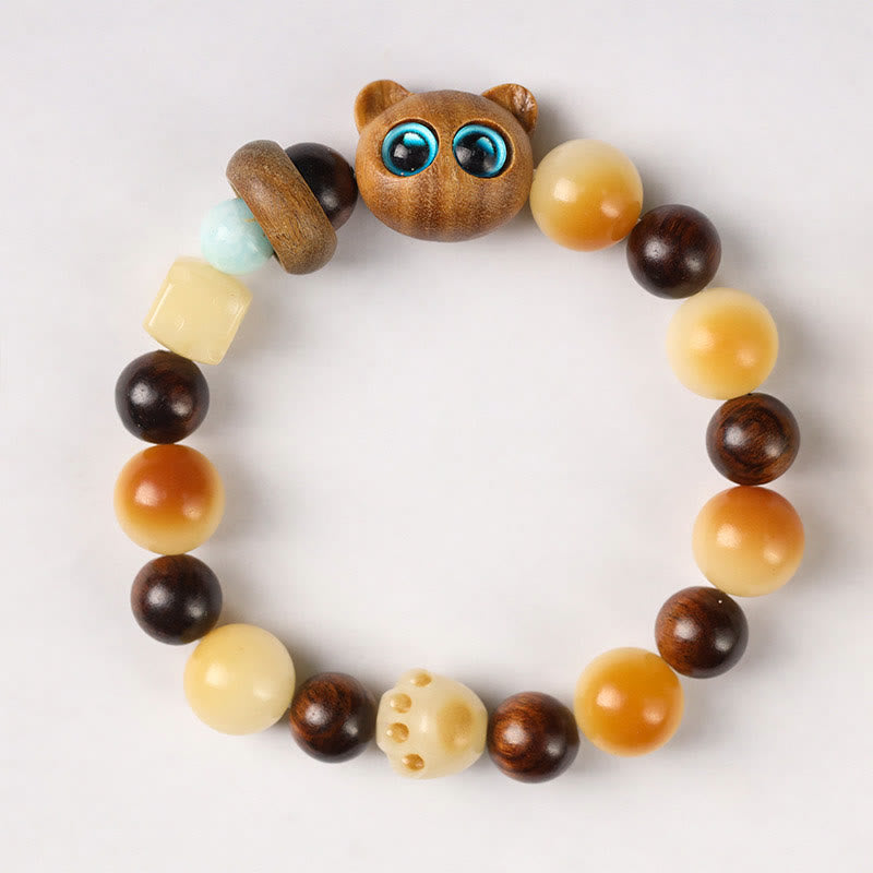 Nimara Ritual Natural Bodhi Seed Sandalwood Lucky Cute Cat Head Paw Claw Peace Bracelet