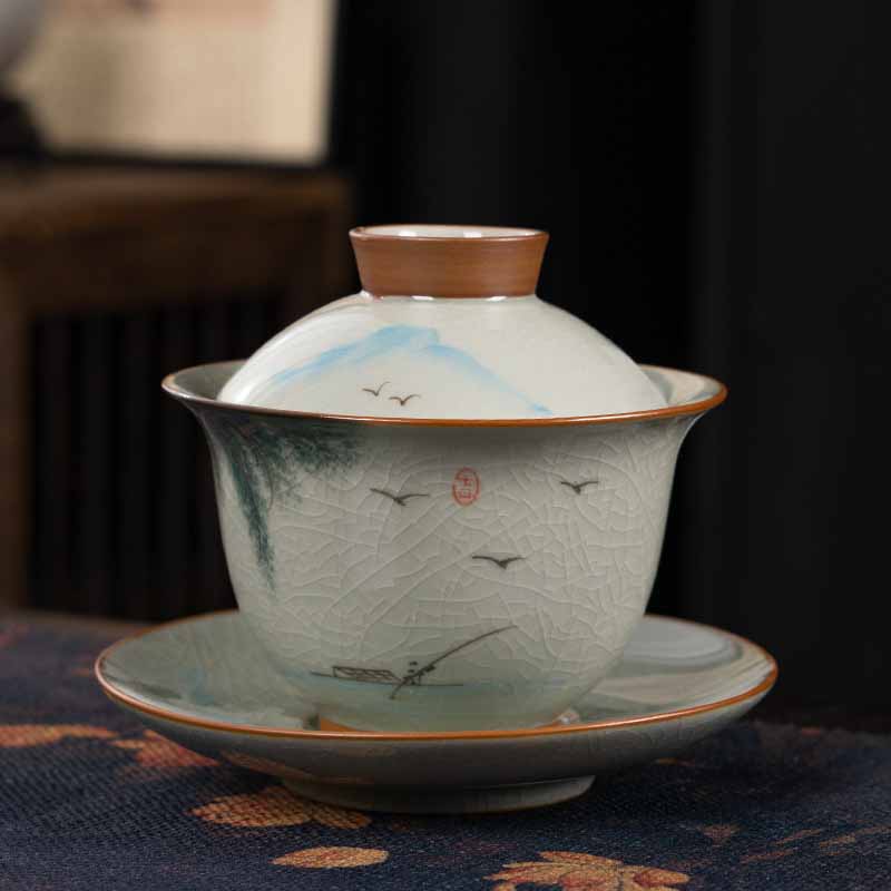 Nimara Ritual Lotus Koi Fish Pod Leaf Ceramic Gaiwan Sancai Teacup Kung Fu Tea Cup And Saucer With Lid 140ml