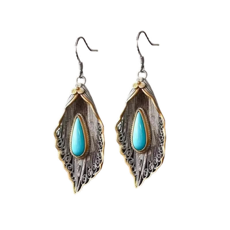 Nimara Ritual 925 Sterling Silver Turquoise Bodhi Leaf Pattern Protection Drop Dangle Earrings