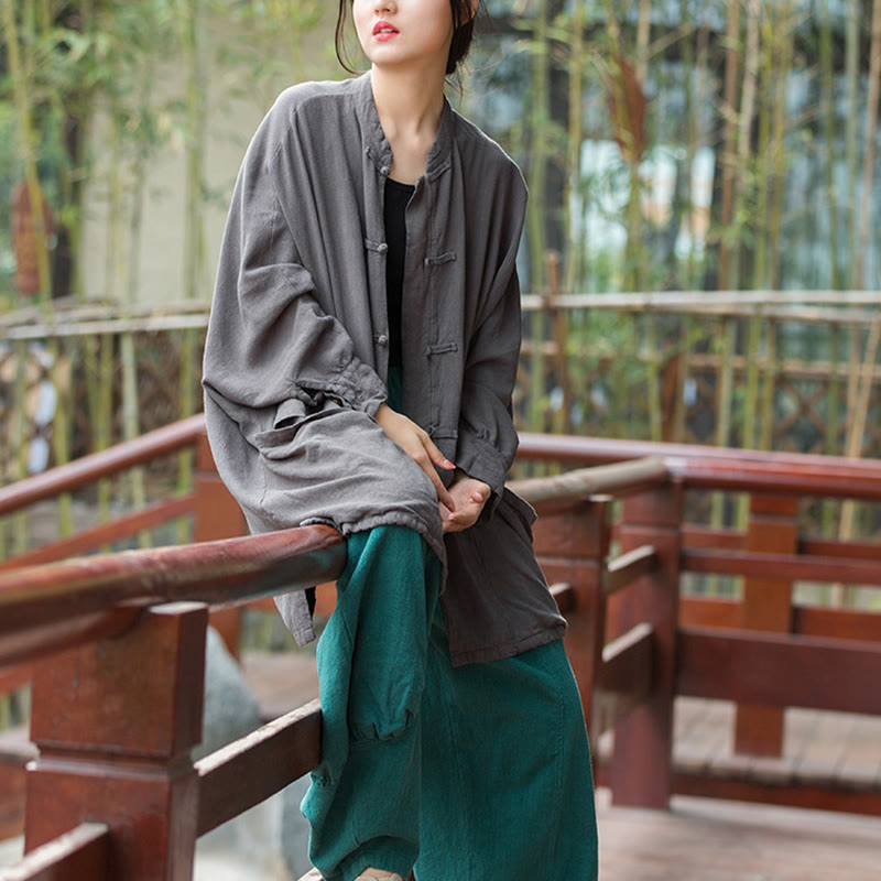 Nimara Ritual Frog-Button Long Sleeve Zen Meditation Open Front Jacket With Pockets