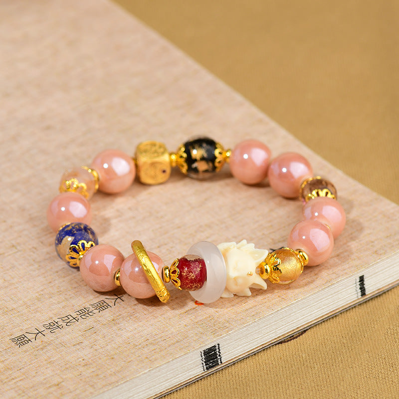 Nimara Ritual Tibetan Incense Ash Liuli Glass Bead Luck Protection Nine Tailed Fox Bracelet
