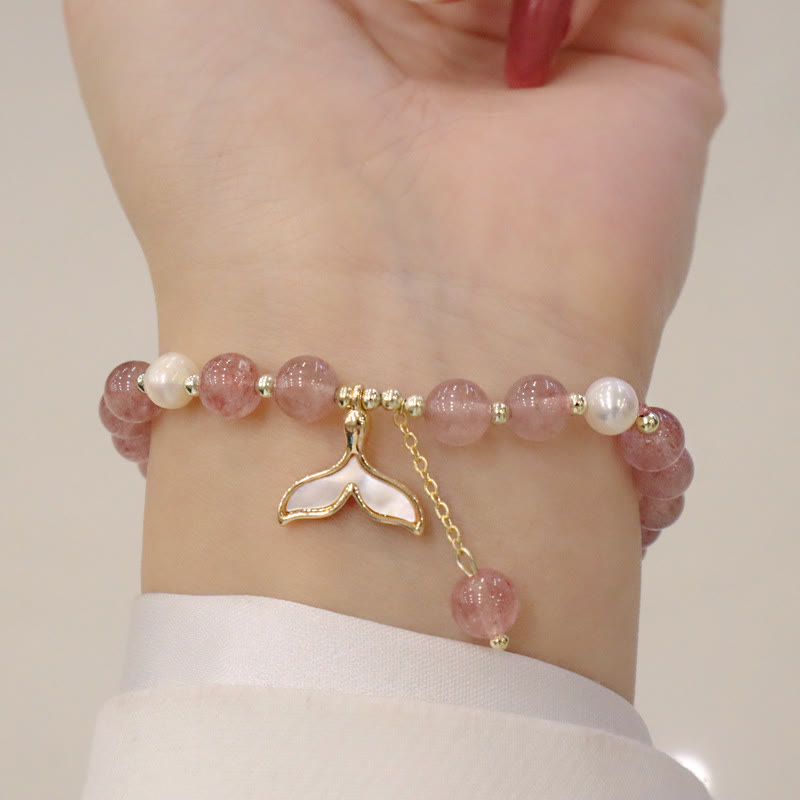 Nimara Ritual Strawberry Quartz Pearl Elk Smiley Face Fishtail Fu Character Charm Healing Bracelet