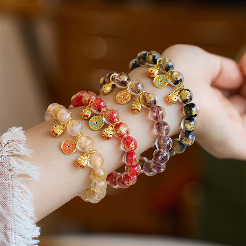 Nimara Ritual Gold Swallowing Beast Copper Coin Good Luck Charm Liuli Glass Bead Fortune Bracelet