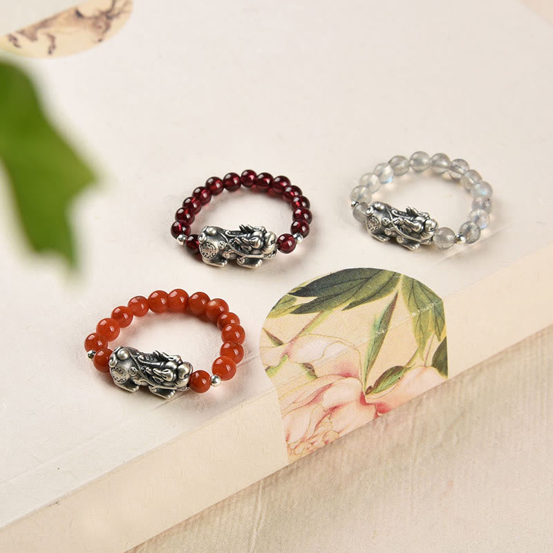 Nimara Ritual 925 Sterling Silver Natural Garnet Moonstone Red Agate PiXiu Wealth Ring