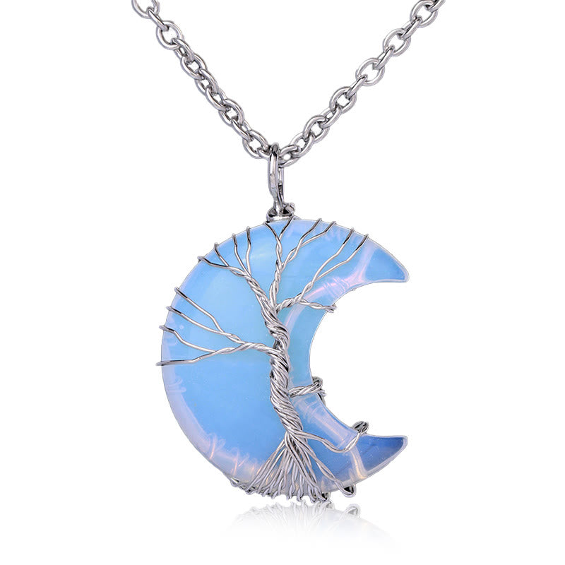 Nimara Ritual Natural Quartz Crystal Moon Tree Of Life Healing Energy Necklace Pendant