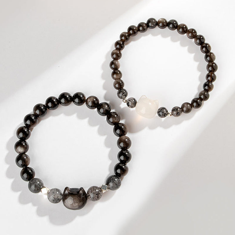Nimara Ritual Natural Silver Sheen Obsidian Cute Cat Head Protection Bracelet