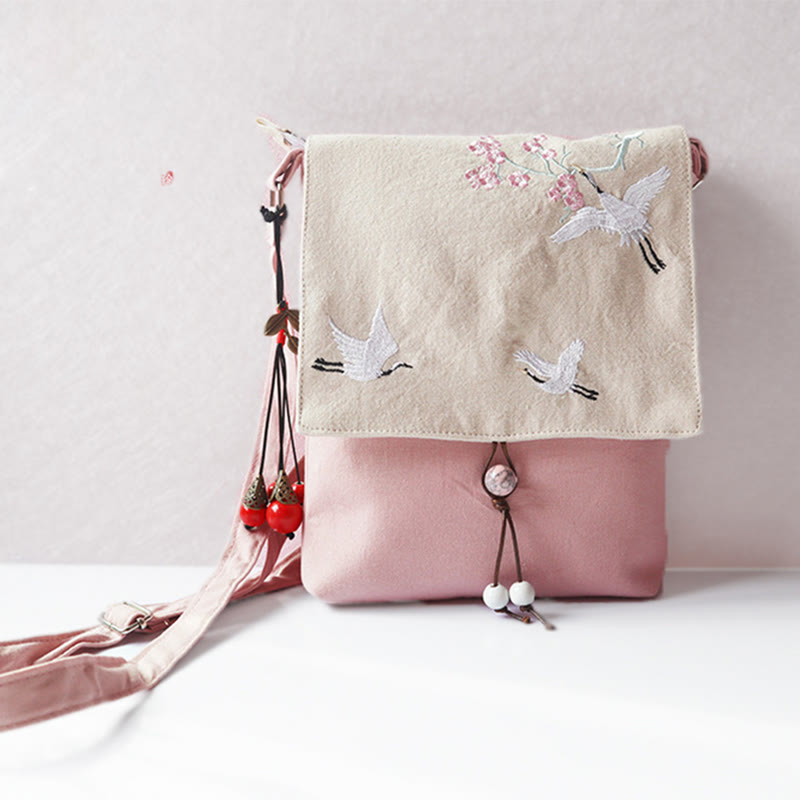 Nimara Ritual Handmade Embroidered Plum Flowers Canvas Crossbody Bag Shoulder Bag Handbag