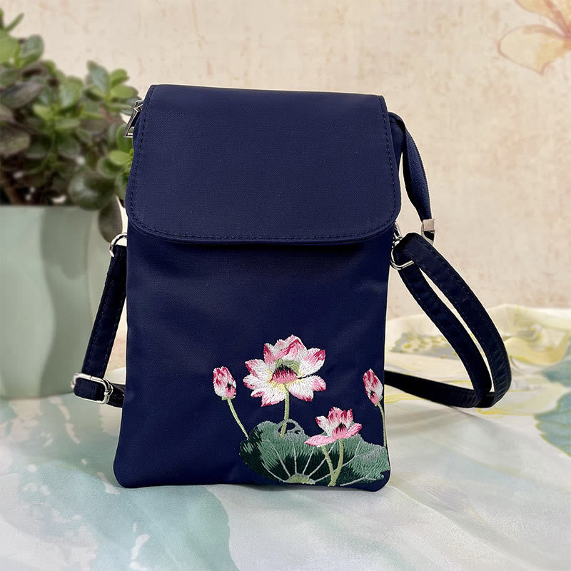 Nimara Ritual Waterproof Handmade Embroidered Lotus Flowers Crossbody Bag Shoulder Bag Cellphone Bag