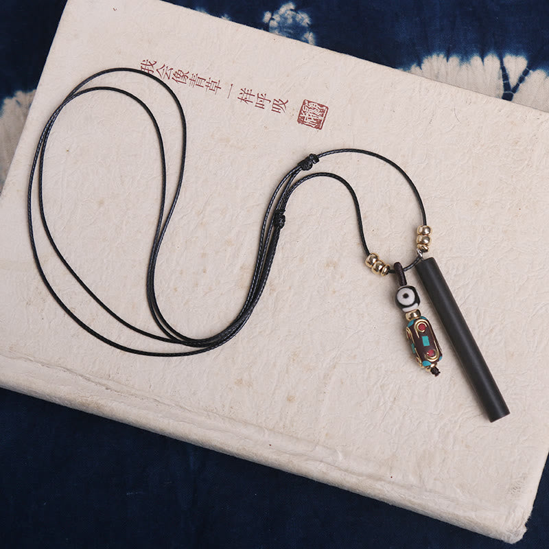 Nimara Ritual Tibetan Ebony Wood Dzi Bead Peace Calm Necklace Pendant