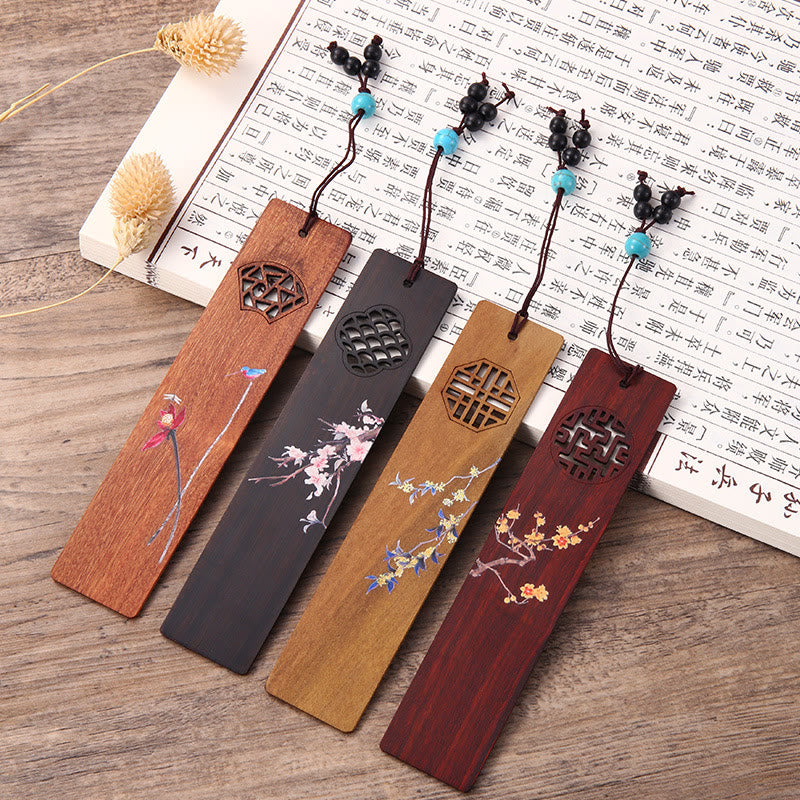 Nimara Ritual 4Pcs Four Seasons Plum Orchid Bamboo Chrysanthemum Peking Opera Mask Wood Bookmarks With Gift Box